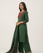 Green Cotton Kurta Palazzo Set with Dupatta – Contrast Yoke & Digital Print
