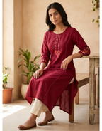 Anvita Ruby Red Pure Cotton Straight Kurta – Minimalist Embroidered Yoke & 3/4 Sleeves