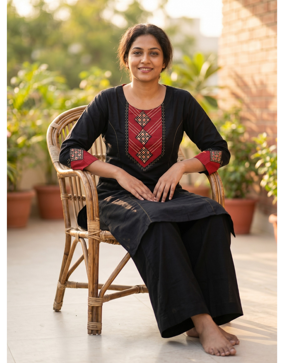 Anvita Black Pure Cotton Coord Set with 3/4 Sleeve & Printed Maroon Detailing on Yoke & Sleeve