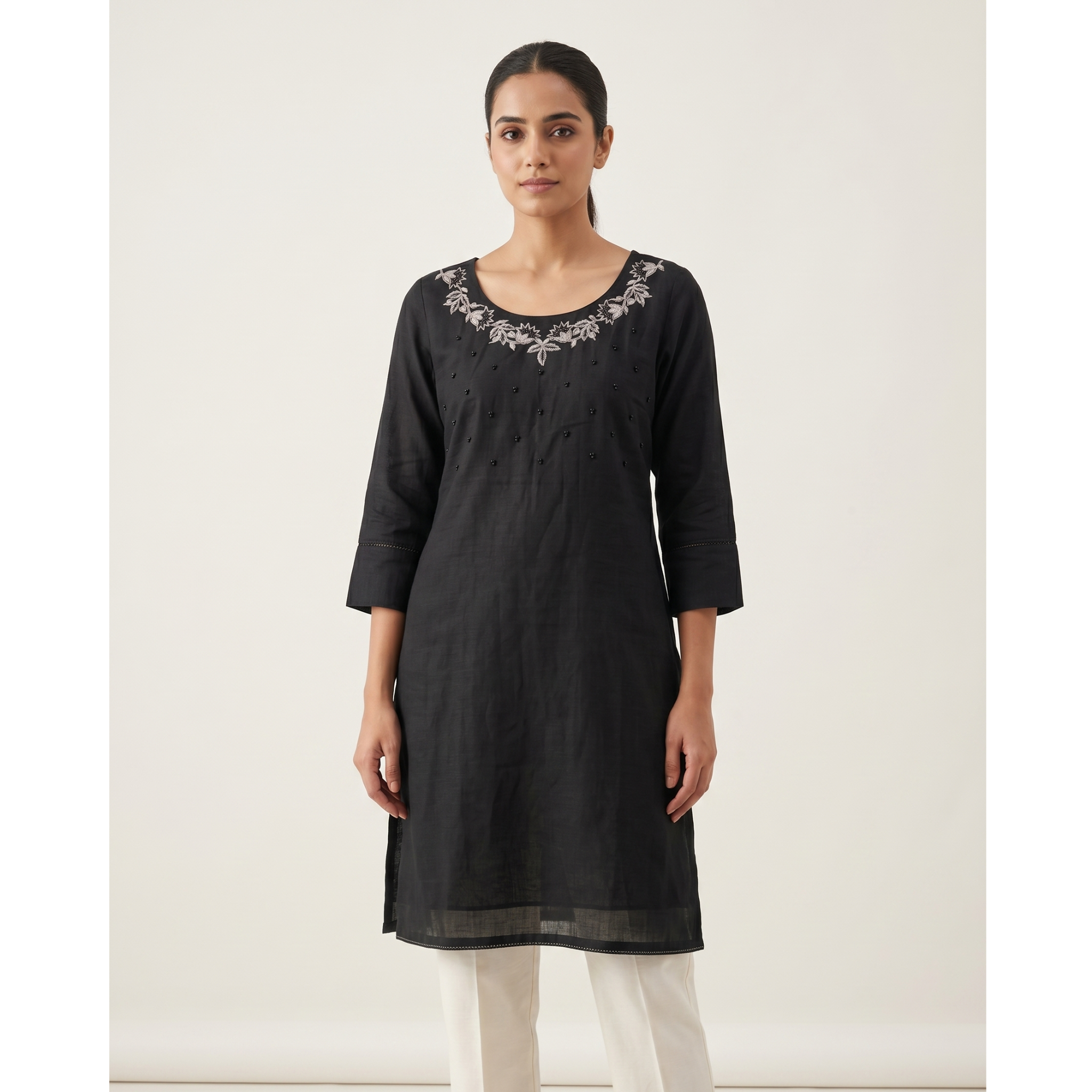 Vertician Black Crushed Nylon A-Line Kurta – Bead Handwork Neck – Premium Party Wear with Lining