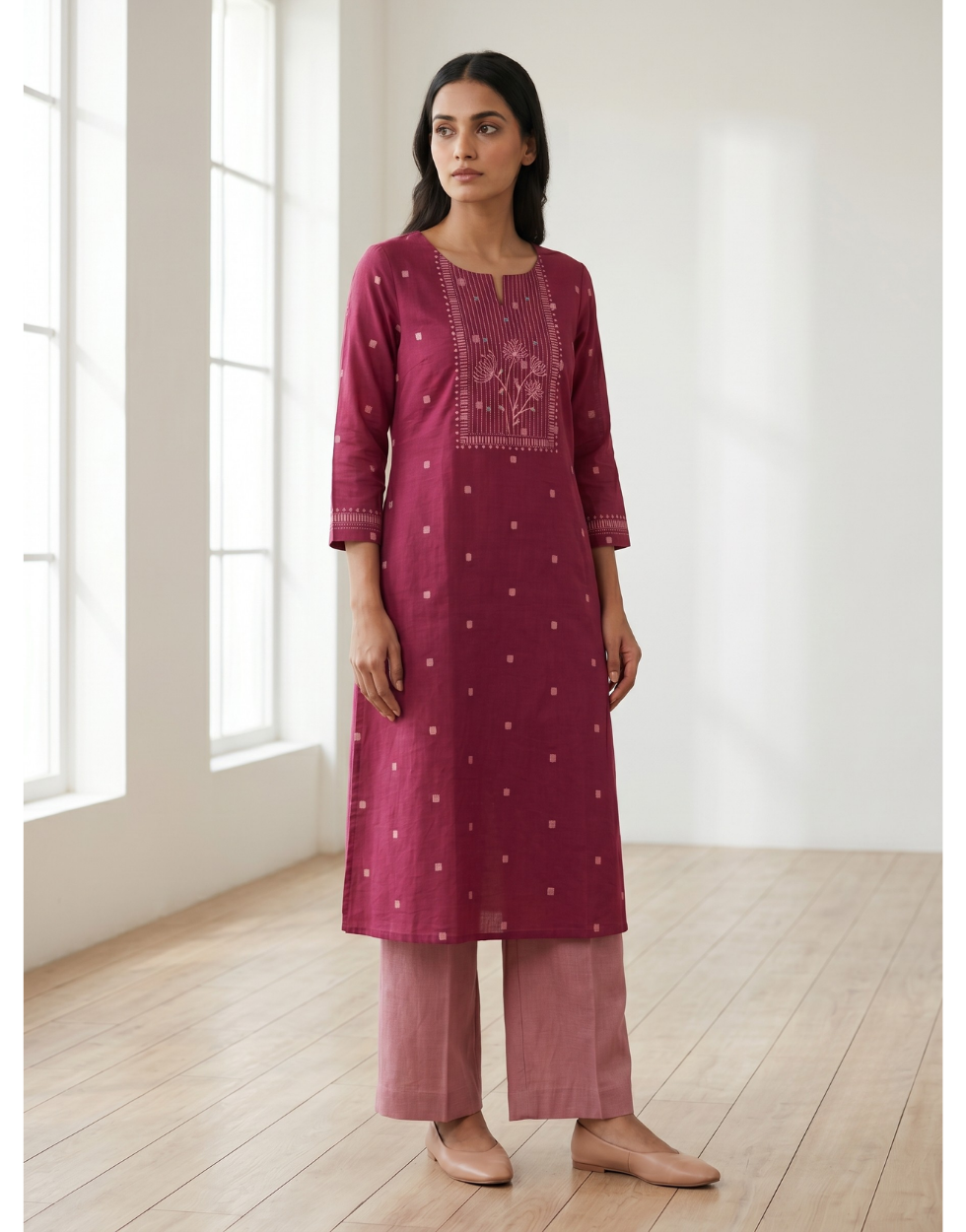 Anvita Dark Pink Cotton Slub Kurta – Elegant Printed Yoke & Delicate Butti Motifs