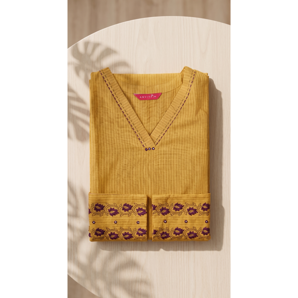 Anvita Golden Yellow Cotton Straight Kurta – Vertical Stripes & Floral Digital Print