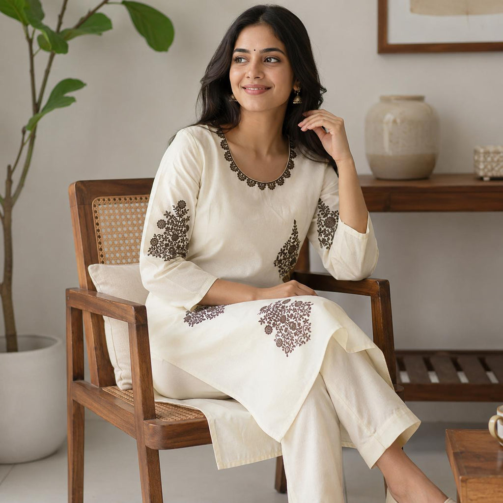 Revanta OffWhite Roman Silk Coord Set - Brown Embroidery on Neck, Body and Sleeves Along with Sequence, Straight Pants