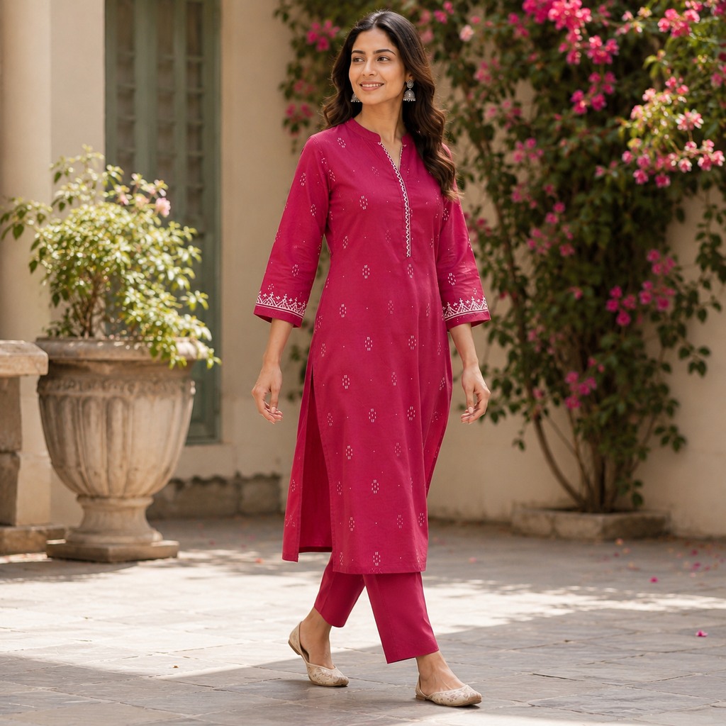 Anvita Magenta Embroidered Kurta Pant Set.