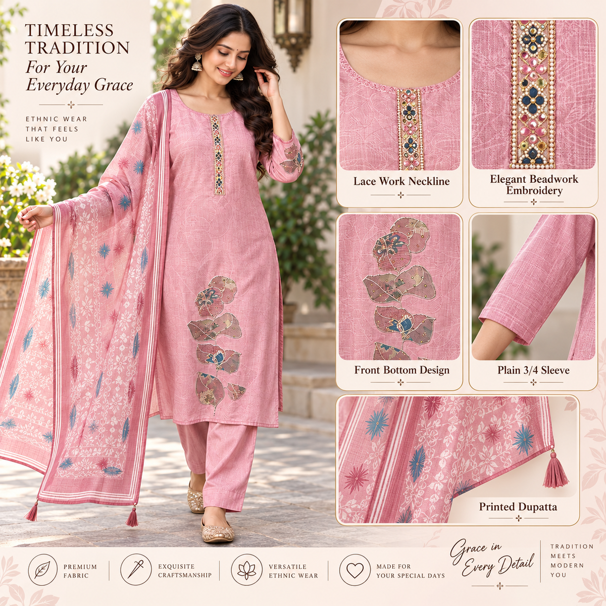 Revanta Dusty Pink Printed 3-Piece Suit with Floral Applique Hem and Matching Dupatta