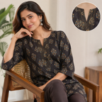 Revanta Chocolate Brown Printed Cotton Kurta with Pintuck Neck Detail