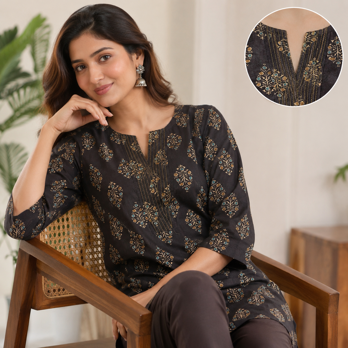 Revanta Chocolate Brown Printed Cotton Kurta with Pintuck Neck Detail
