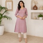 Women’s A-Line Kurti in Crushed Nylon with Bead Handwork and Lining-Dusty Mauve