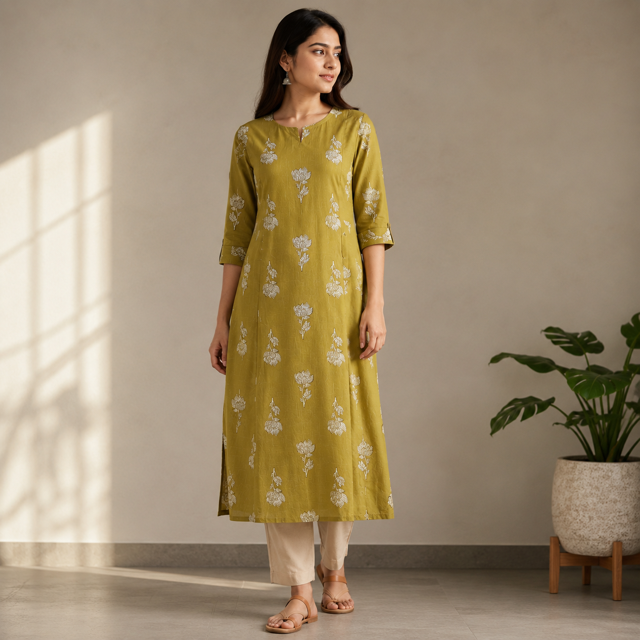 Anvita Mustard Yellow A-Line Cotton Kurti – Floral Motif Detail & Functional Side Slit Pockets – Elegant Ethnic Wear