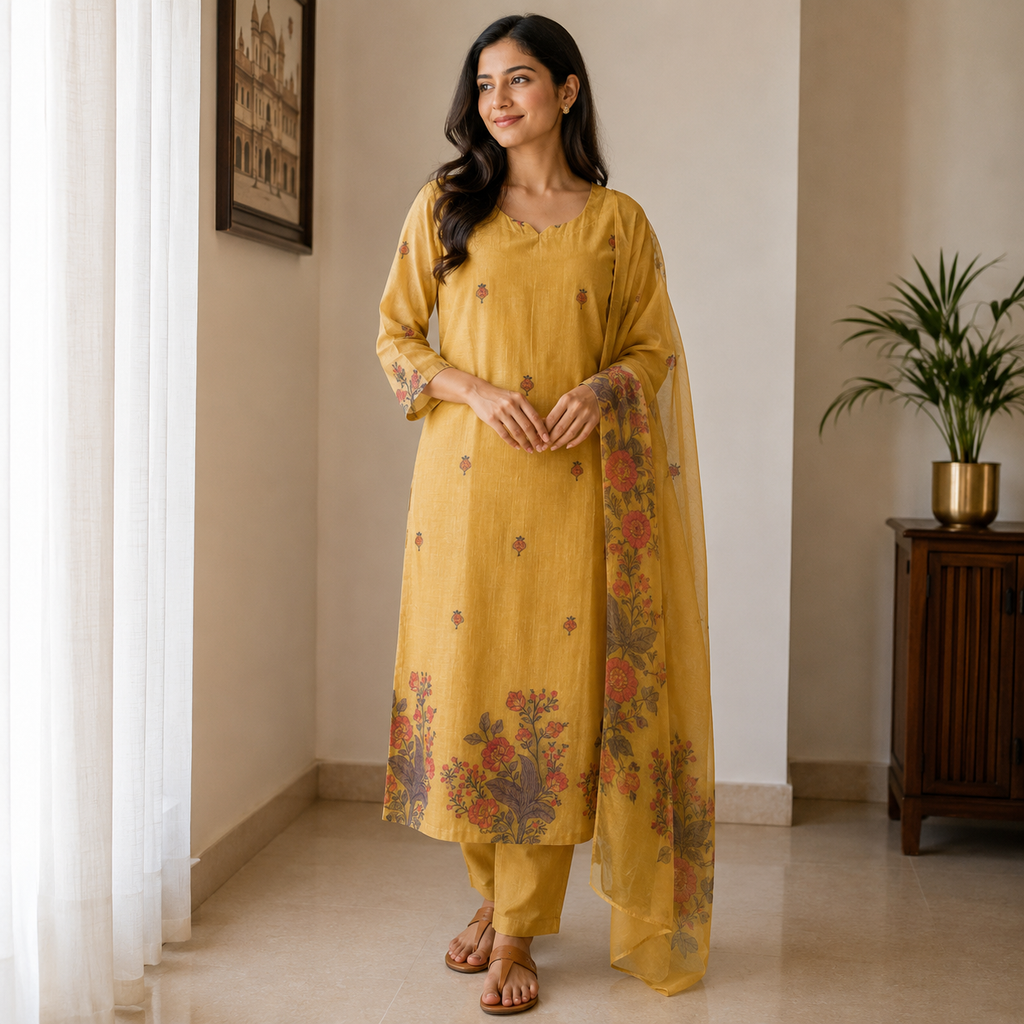 Revanta Golden Mustard Yellow Jamdani 3-Piece Suit – Floral Buti Motifs on Kurta & Dupatta – Elegant Festive Wear