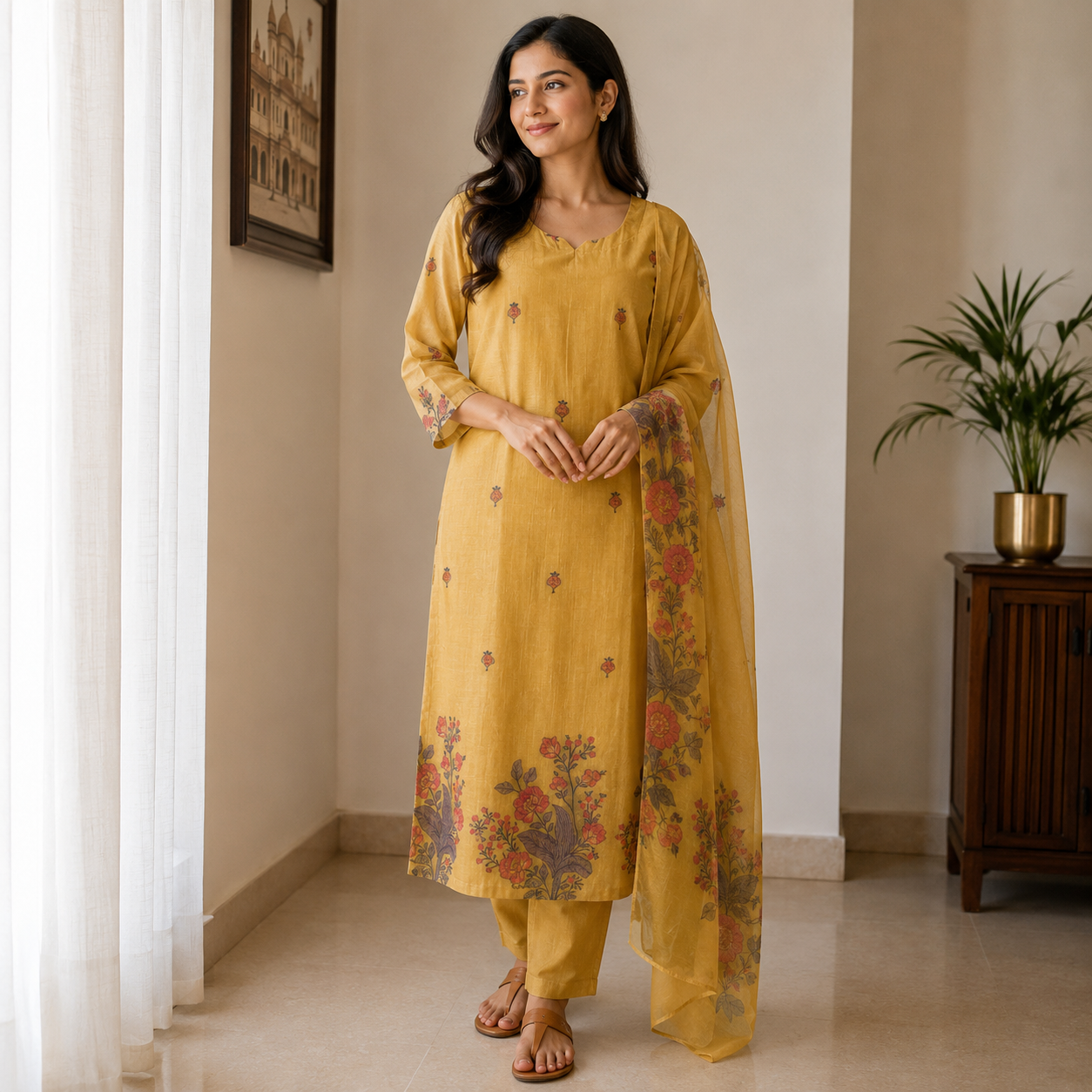 Revanta Golden Mustard Yellow Jamdani 3-Piece Suit – Floral Buti Motifs on Kurta & Dupatta – Elegant Festive Wear