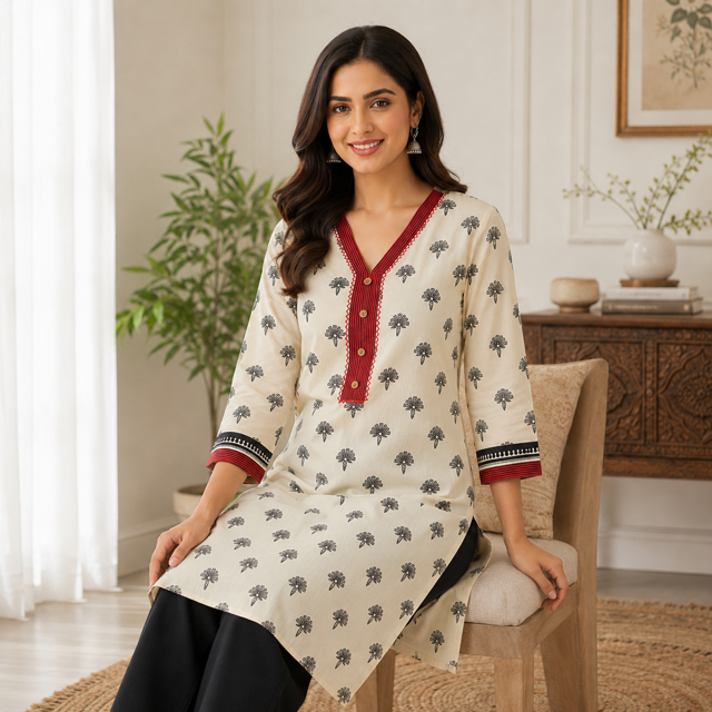 Anvita Ivory Cotton Printed Kurta with Red V-Neck & Contrast Sleeve Border