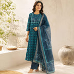 Revanta Teal Blue Tussil Cotta Kurta Pant Set with Printed Dupatta
