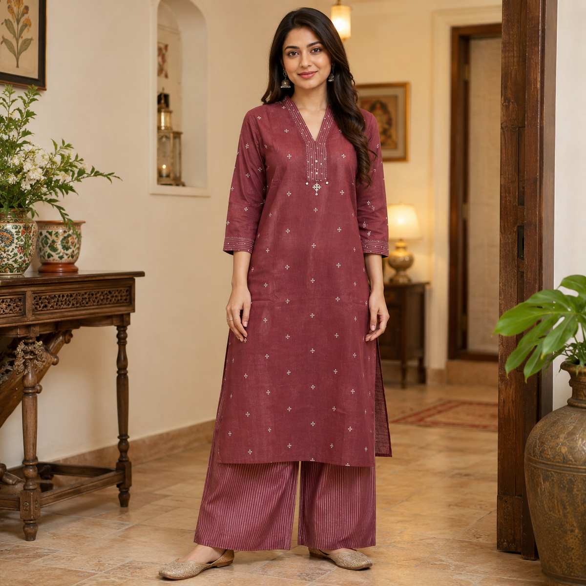 Anvita Maroon Kurta Pant Set with Embroidered V-Neck & Striped Pants