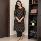 Revanta Chocolate Brown Printed Cotton Kurta with Pintuck Neck Detail