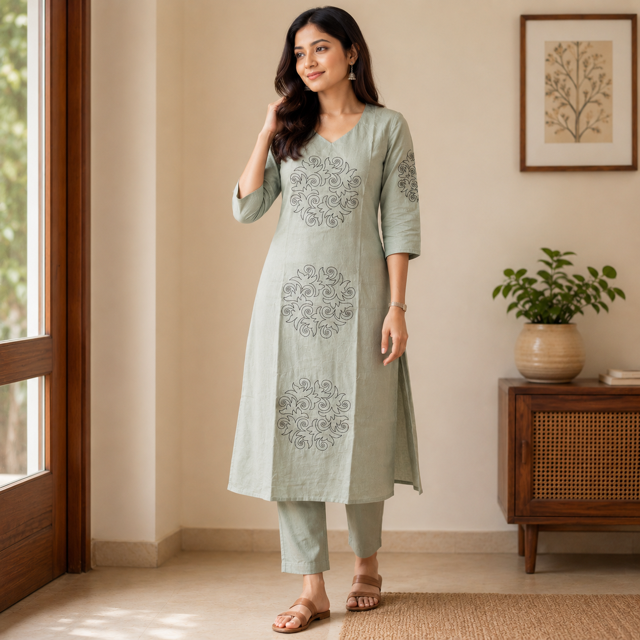 Women’s A-Line Kurti in Crushed Nylon with Scroll Embroidery and Lining