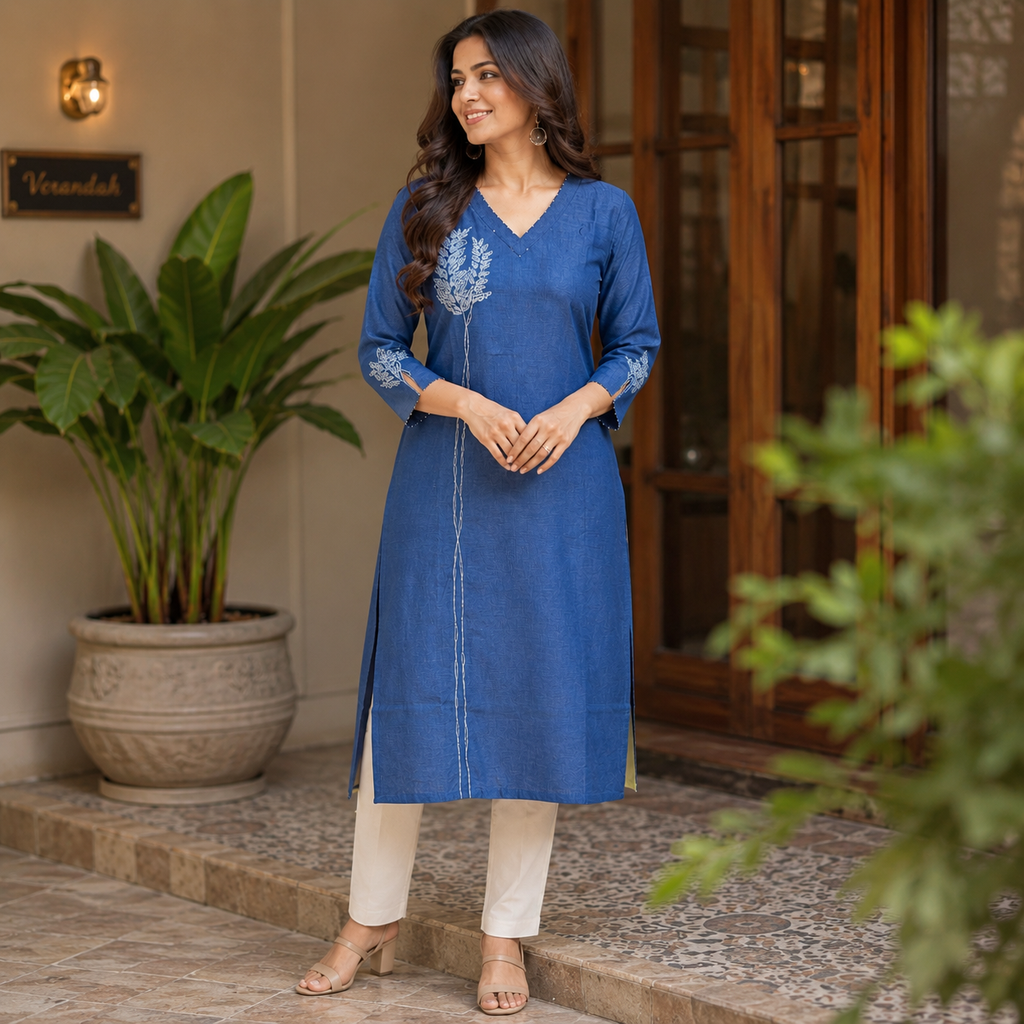 Anvita Royal Blue Cotton Kurti with Sequin-Accented V-Neck and Intricate Silver & Blue Embroidery