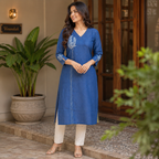 Anvita Royal Blue Cotton Kurti with Sequin-Accented V-Neck and Intricate Silver & Blue Embroidery