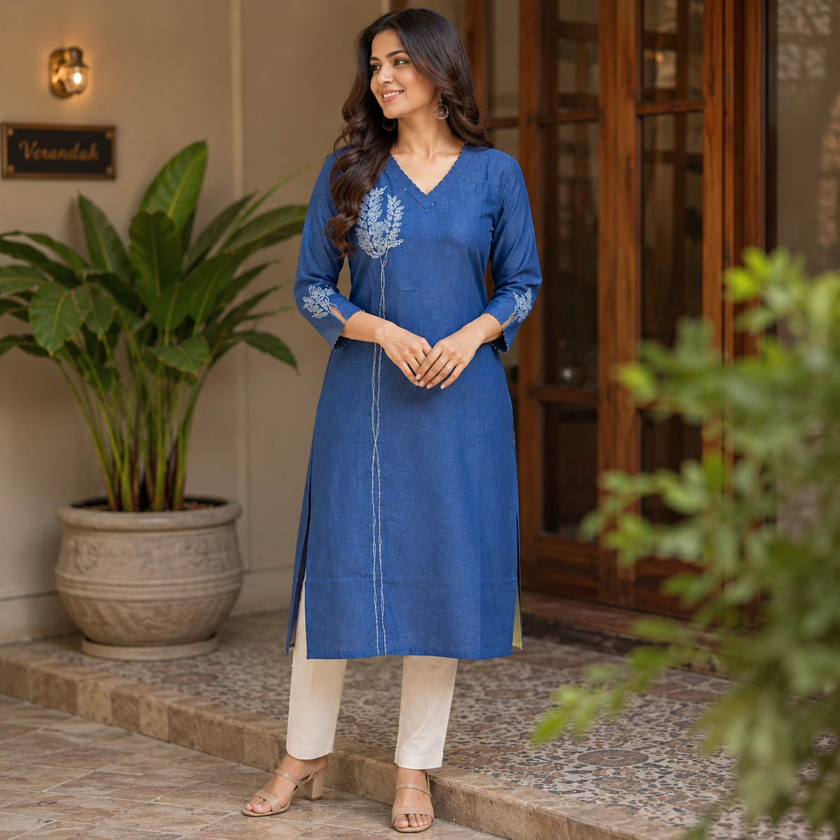 Anvita Royal Blue Cotton Kurti with Sequin-Accented V-Neck and Intricate Silver & Blue Embroidery