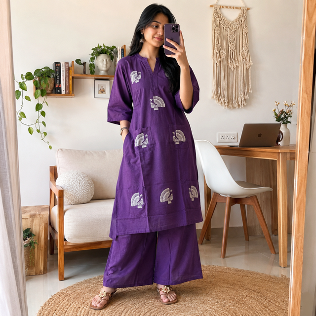 Deep Purple Cotton Kurta & Palazzo Set – Artistic Peacock Motif Detail – Elegant Ethnic Ensemble
