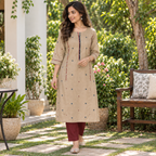 Anvita Beige Printed Cotton Kurta for Women | 3/4 Sleeve Ethnic Kurti