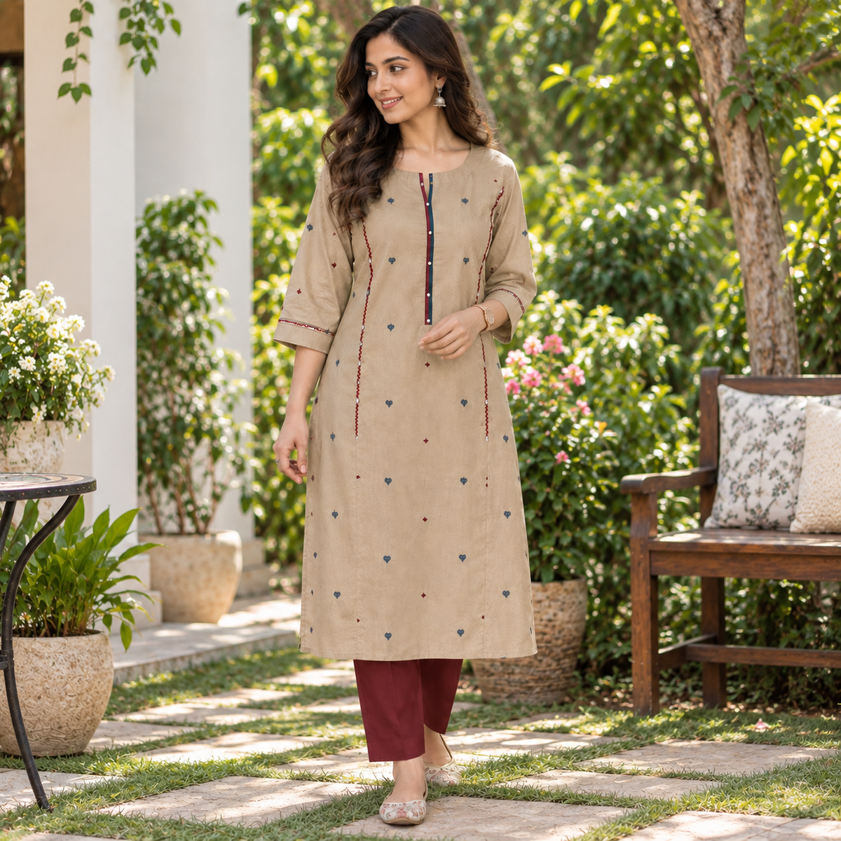 Anvita Beige Printed Cotton Kurta for Women | 3/4 Sleeve Ethnic Kurti