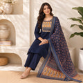Revanta Navy Blue Roman Silk Kurta Pant Set with Printed Yoke & Coordinated Dupatta