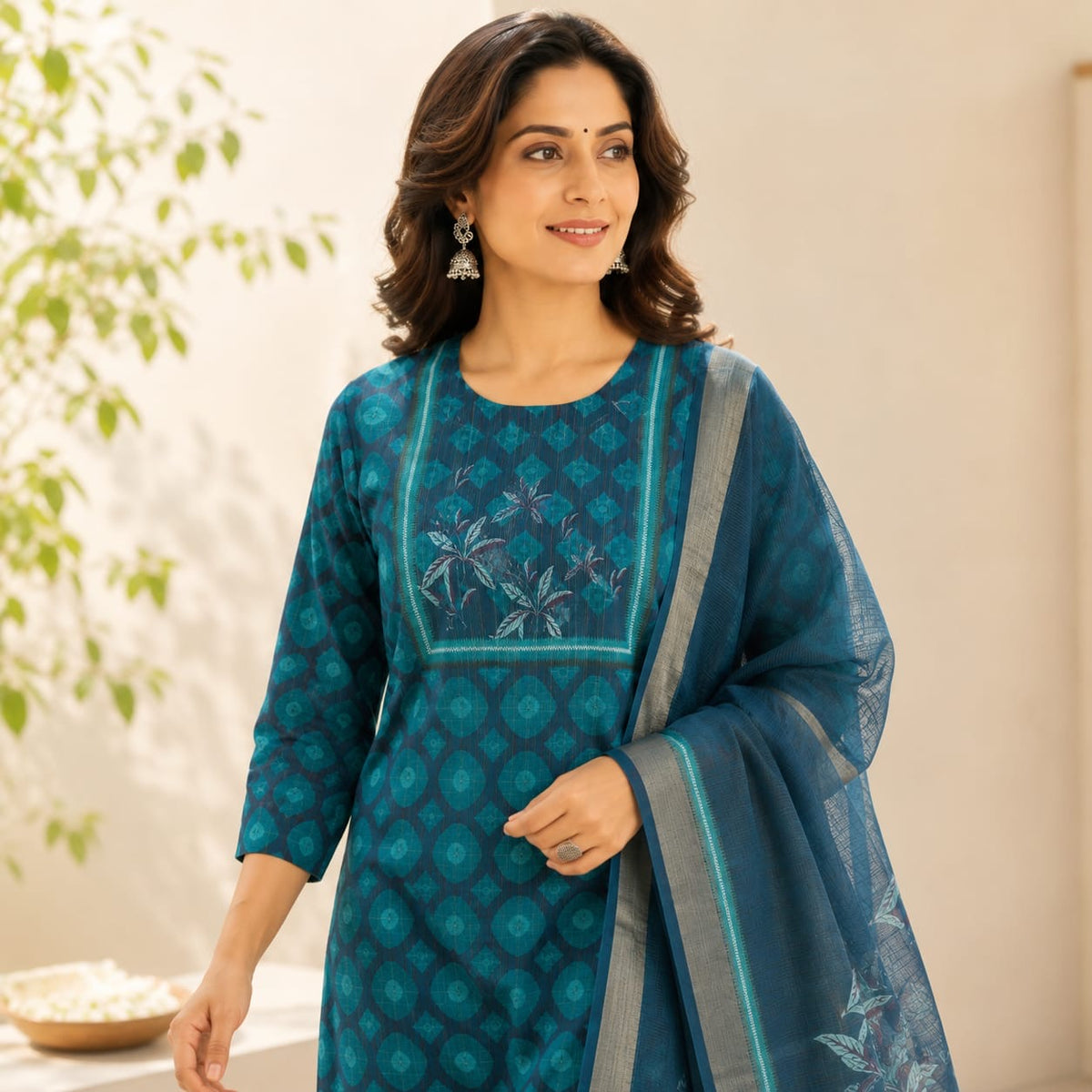 Revanta Teal Blue Tussil Cotta Kurta Pant Set with Printed Dupatta