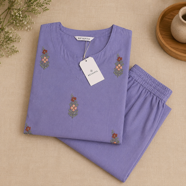 Revanta Lavender Malchanderi Straight Kurta Co-ord Set – Floral Embroidery & Inner Lining – Elegant Festive Wear
