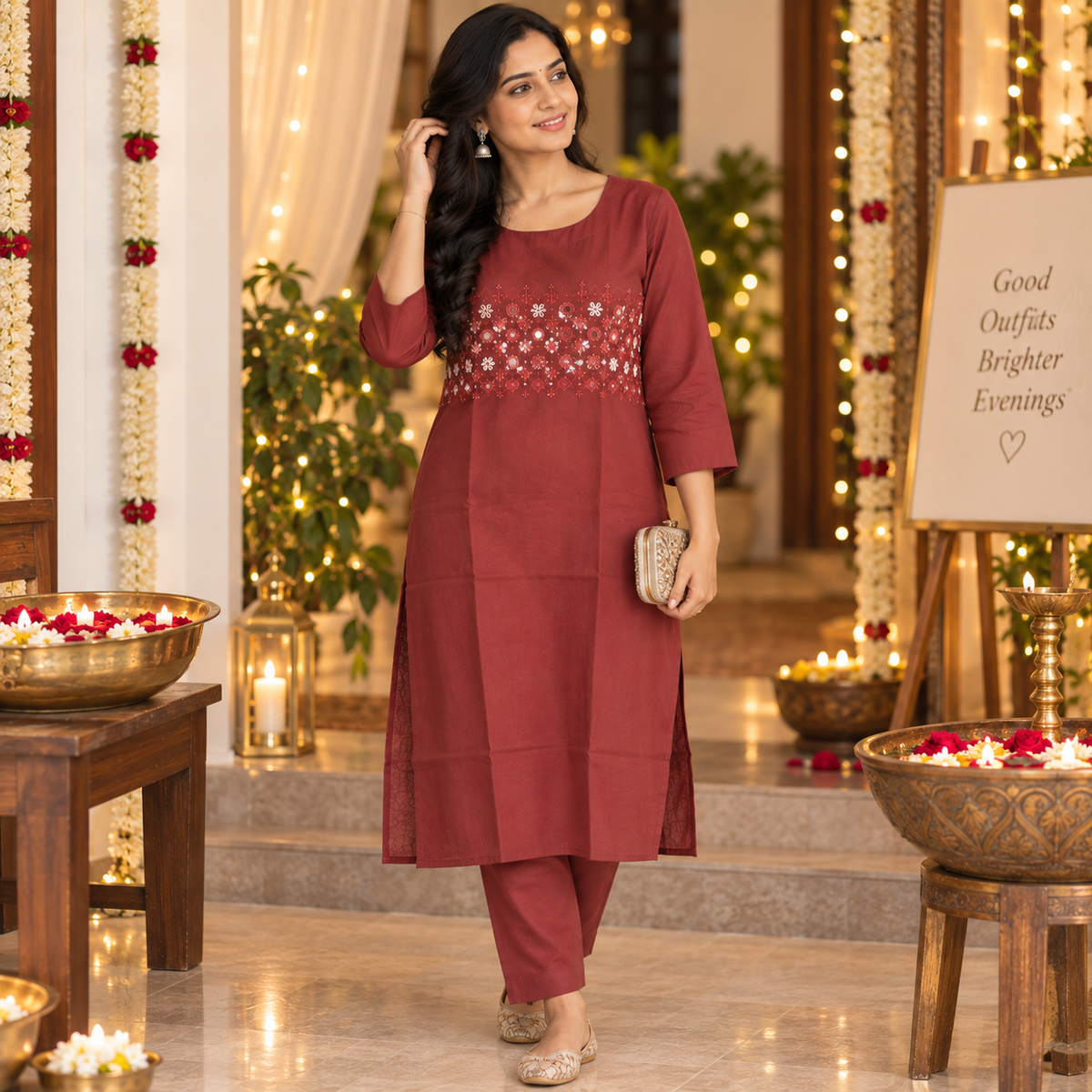 Revanta Maroon Cotton Co-Ord Set with Hand Embroidery & Mirror Work