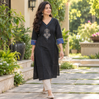 Anvita Black Cotton Kurta with Blue Printed Sleeves & Embroidered Yoke