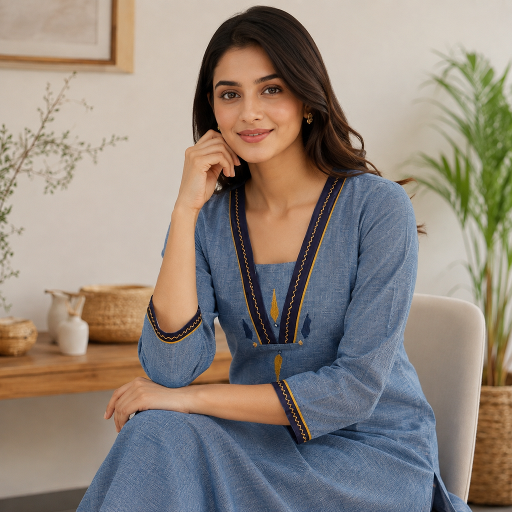 Anvita Blue Cotton V-Neck Straight Kurti
