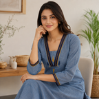 Anvita Blue Cotton V-Neck Straight Kurti