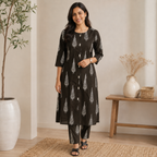 Revanta Mehendi Green A-Line Vertical Kurta Pant Set with Front Slit & Gold-White Foil Print
