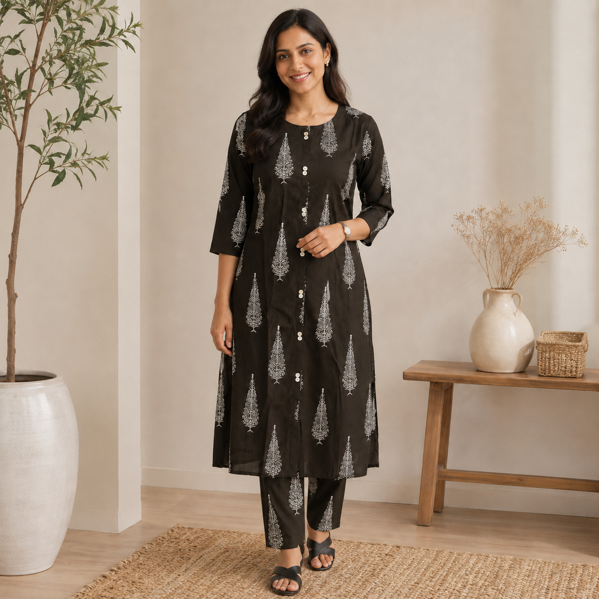 Revanta Mehendi Green A-Line Vertical Kurta Pant Set with Front Slit & Gold-White Foil Print