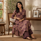 Anvita Cotton Soft Mauve-Brown Floral Print A-Line Kurta Set