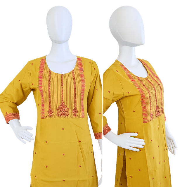 Anvita Yellow Cotton Kurta – Vibrant Pink Embroidered Yoke & Keyhole Detail – Elegant Ethnic Wear
