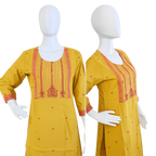 Anvita Yellow Cotton Kurta – Vibrant Pink Embroidered Yoke & Keyhole Detail – Elegant Ethnic Wear