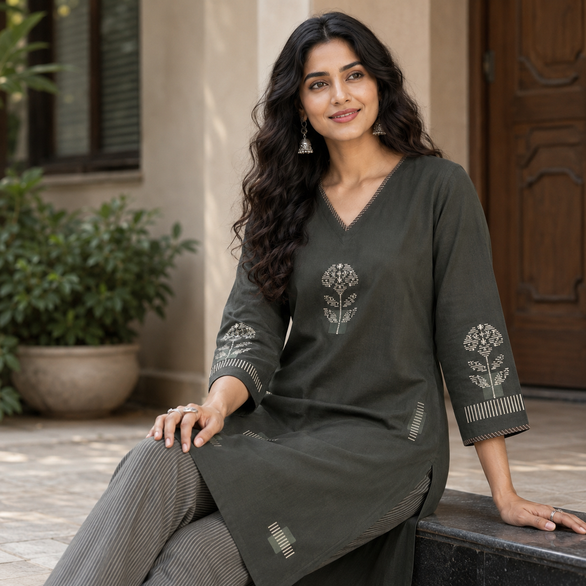 Anvita Charcoal Olive Motif Kurta with Striped Pant Set