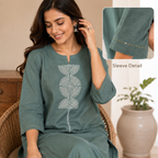 Anvita Sage Green Cotton Kurta Pant Set with Geometric Embroidery & Sequin Detailed Yoke