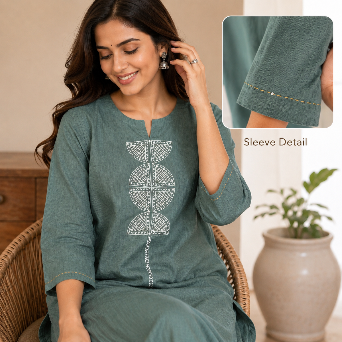 Anvita Sage Green Cotton Kurta Pant Set with Geometric Embroidery & Sequin Detailed Yoke