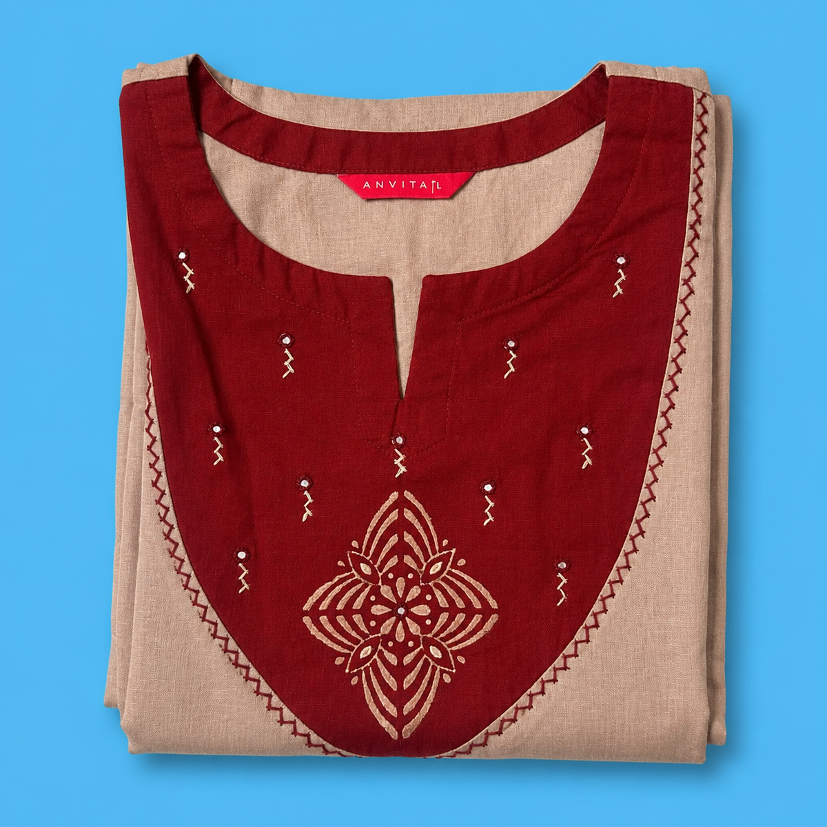 Anvita Beige Straight Cotton Kurta with Maroon Yoke Design & Glass Work
