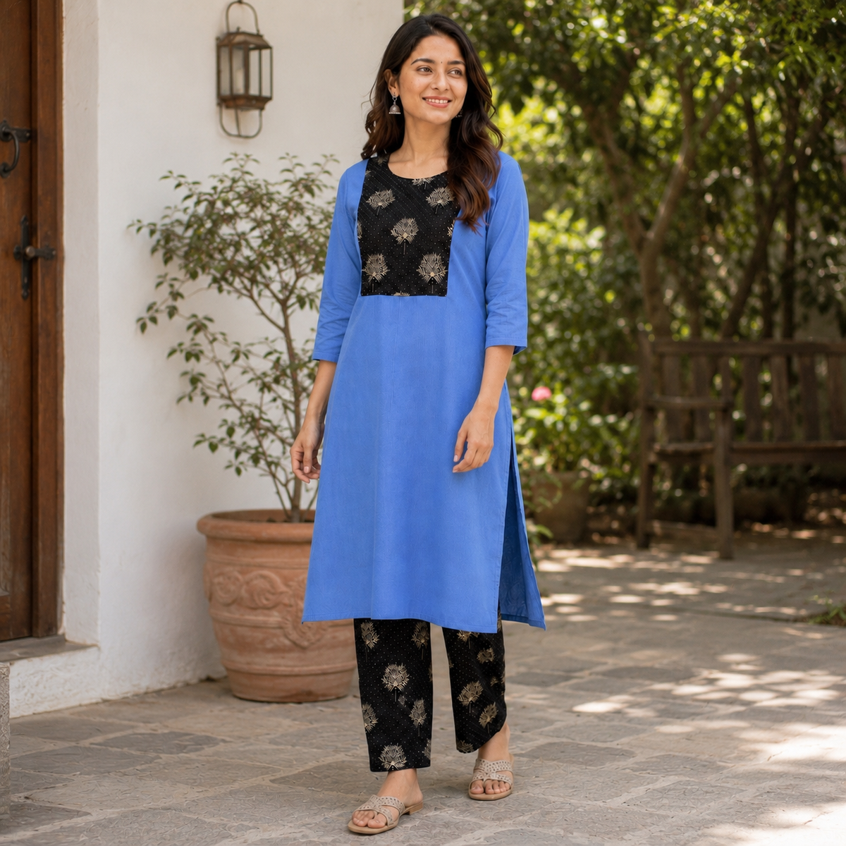 Revanta Blue Kurta Set with Embellished Floral Yoke & Printed Pants