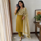 Anvita (Anaya) Mustard Olive Kurta Pant Set with Geometric Yoke and Cream Dupatta