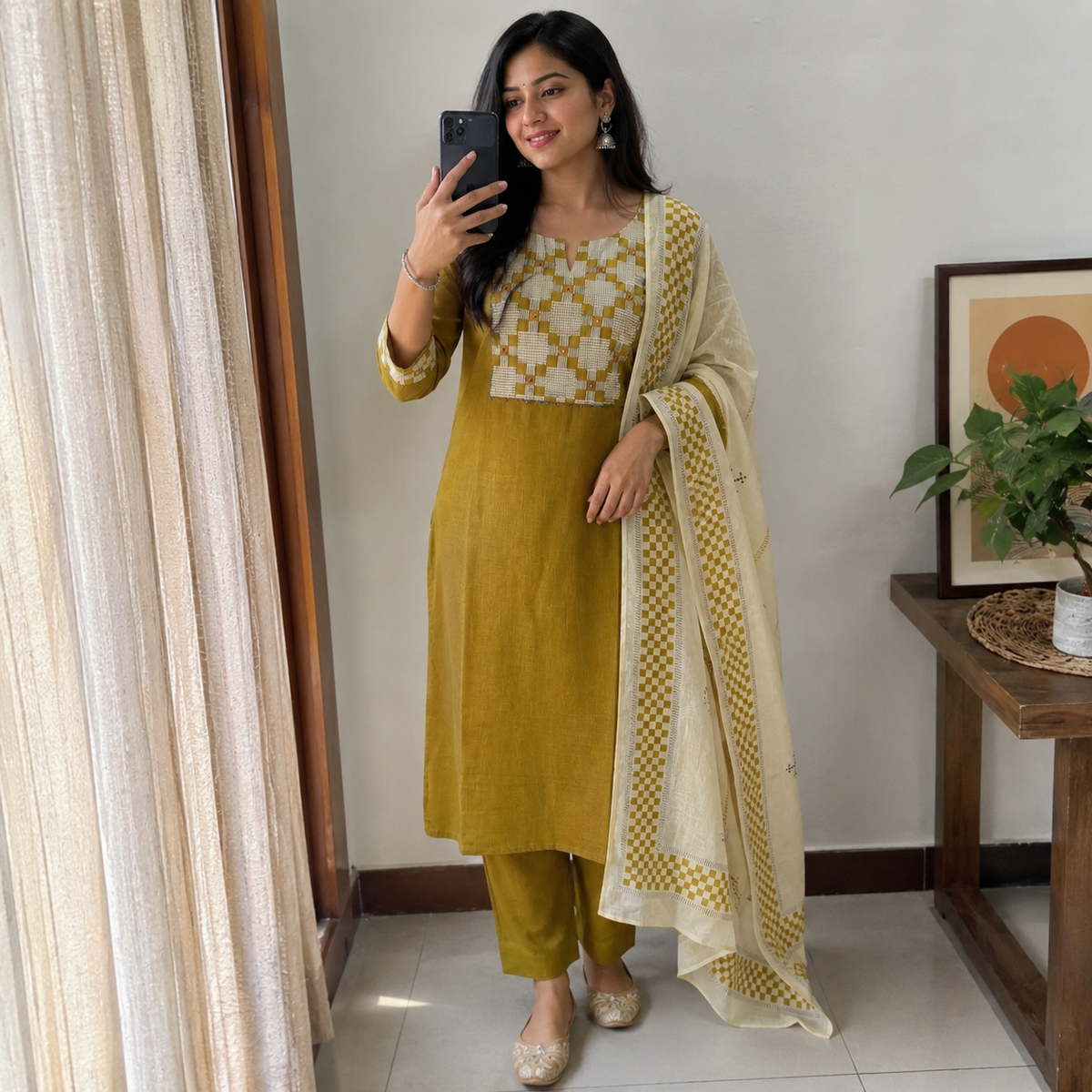Anvita (Anaya) Mustard Olive Kurta Pant Set with Geometric Yoke and Cream Dupatta