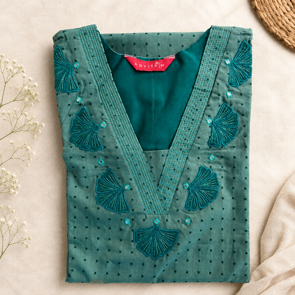 Anvita Teal Green Cotton Kurta with V-Neck, Embroidery & Bead Work