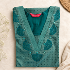 Anvita Teal Green Cotton Kurta with V-Neck, Embroidery & Bead Work