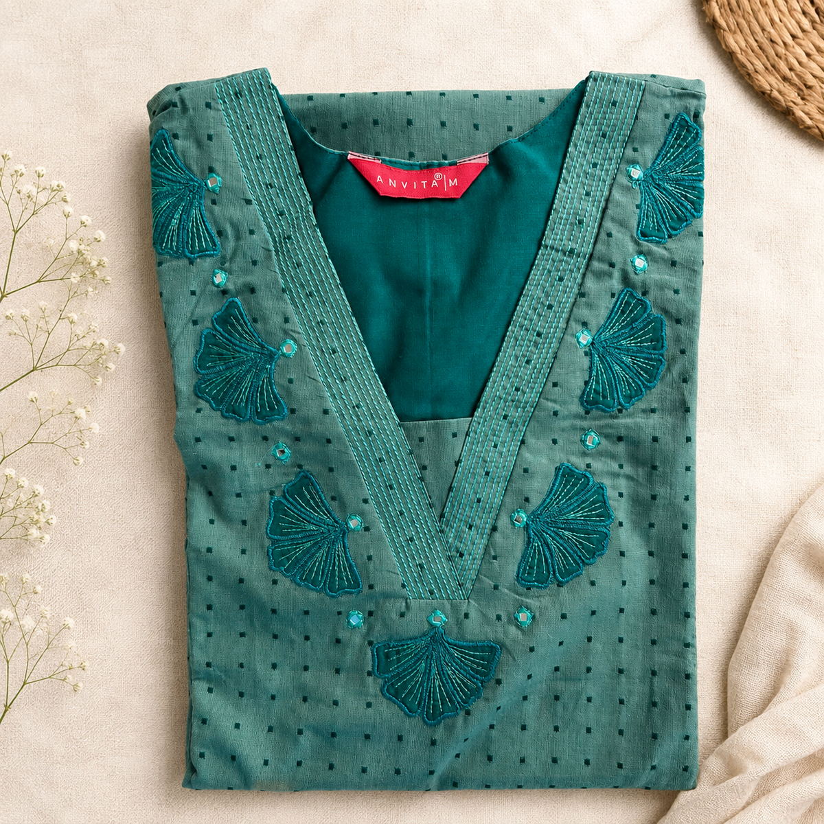 Anvita Teal Green Cotton Kurta with V-Neck, Embroidery & Bead Work