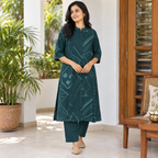 Revanta Teal Green Printed Kurta Pant Set | Kurta with 3/4 Sleeves