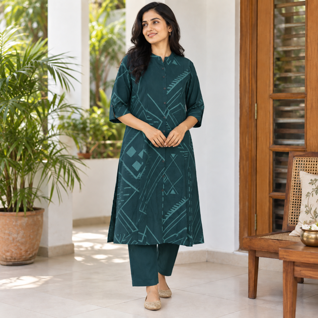 Revanta Teal Green Printed Kurta Pant Set | Kurta with 3/4 Sleeves